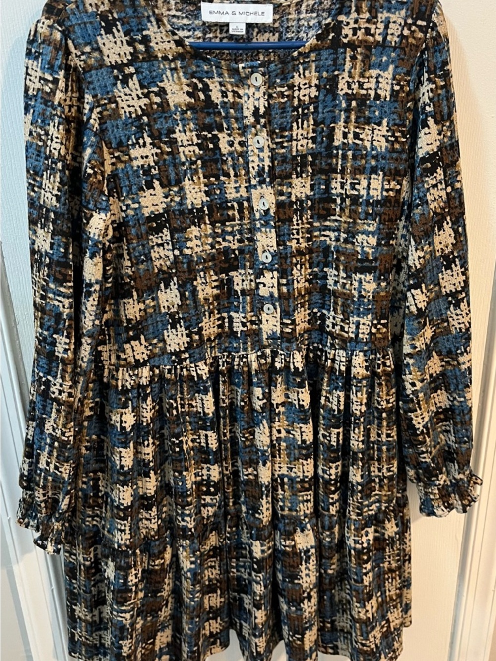 Emma & Michele Blue & Brown Plaid Button Pullover Bohemian Ruffle Dress Size L